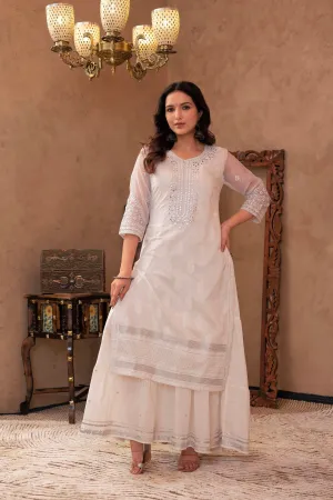 White Chanderi Mirror Embroidered Kurta with Gota Lace & Glitter Work