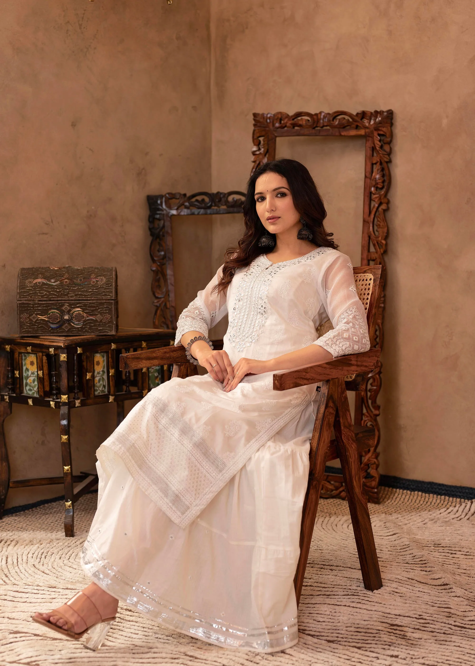 White Chanderi Mirror Embroidered Kurta with Gota Lace & Glitter Work