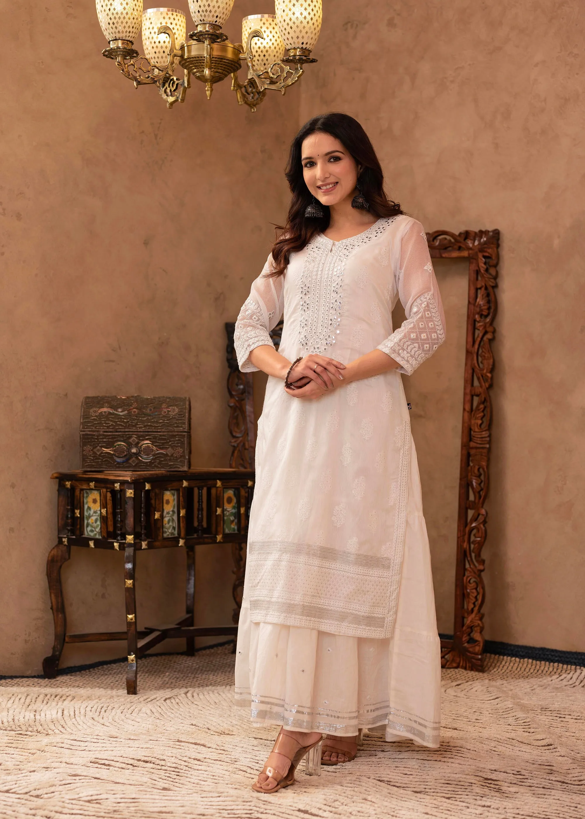 White Chanderi Mirror Embroidered Kurta with Gota Lace & Glitter Work