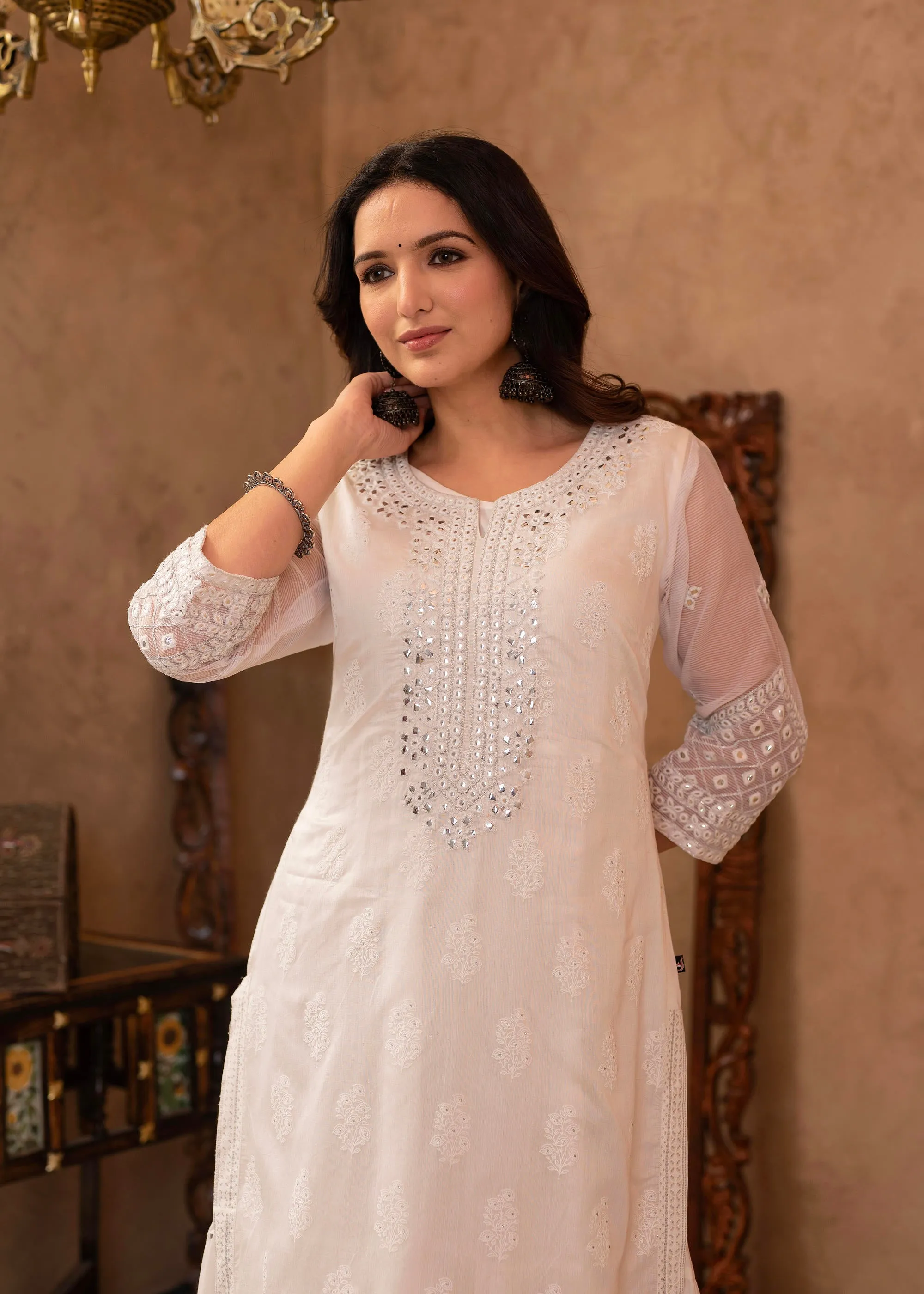 White Chanderi Mirror Embroidered Kurta with Gota Lace & Glitter Work