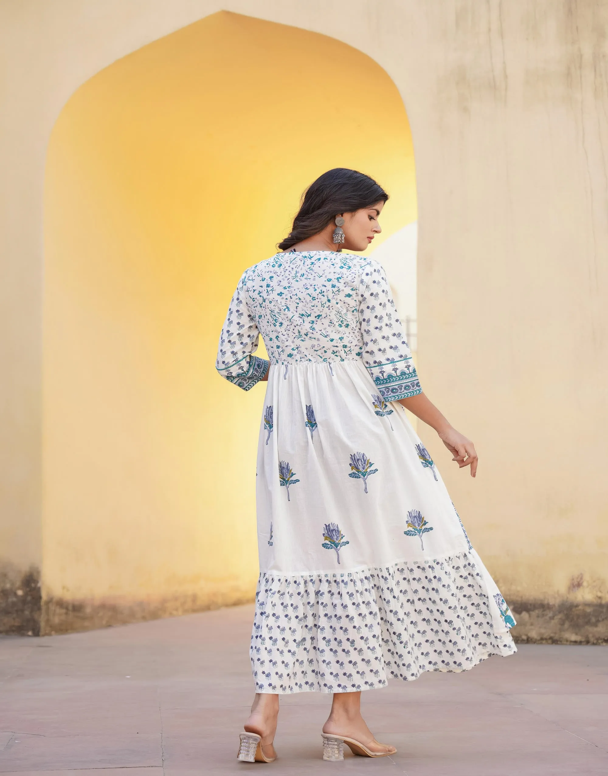White Floral Printed Cotton Kurta & Dupatta With Lace