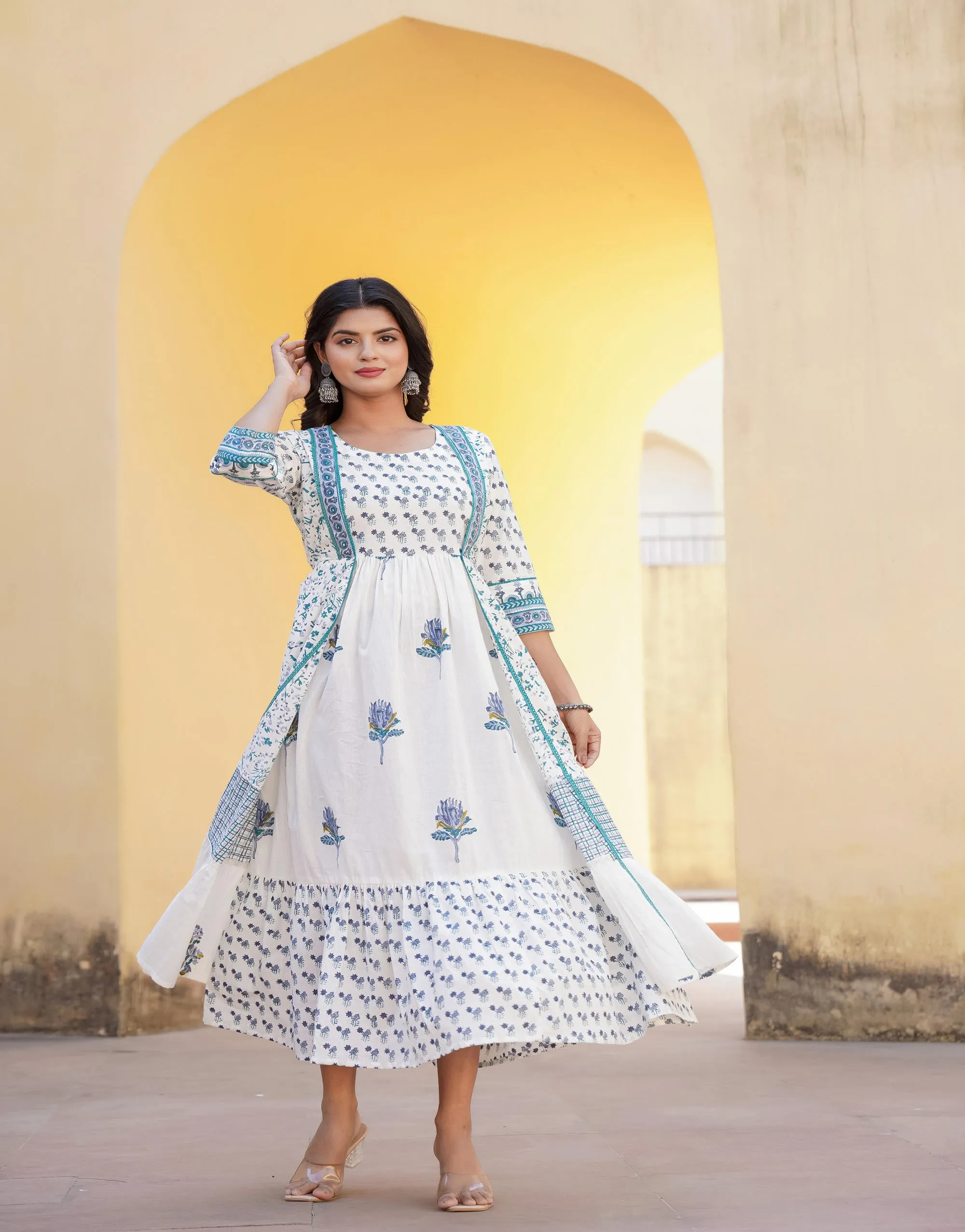 White Floral Printed Cotton Kurta & Dupatta With Lace