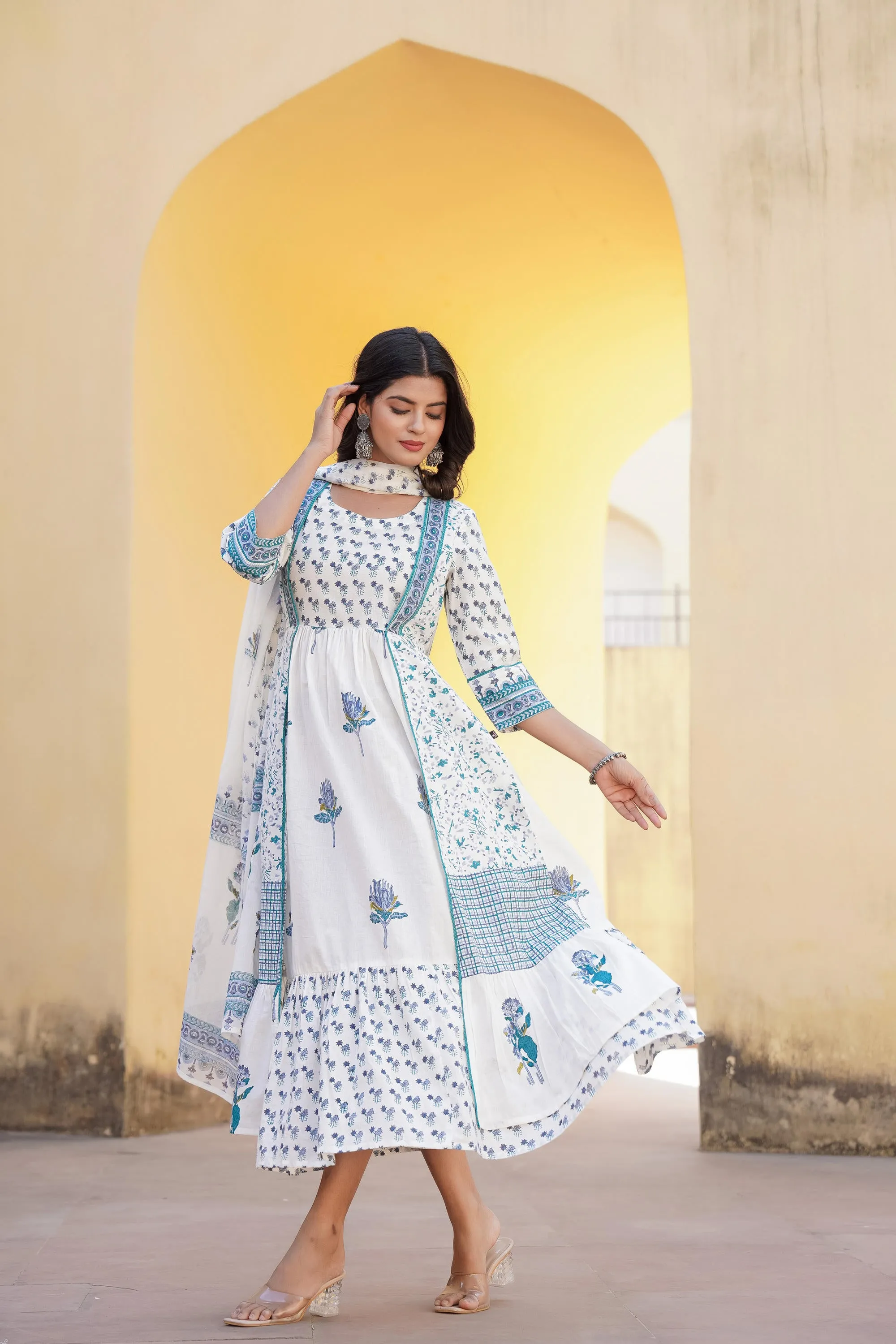 White Floral Printed Cotton Kurta & Dupatta With Lace