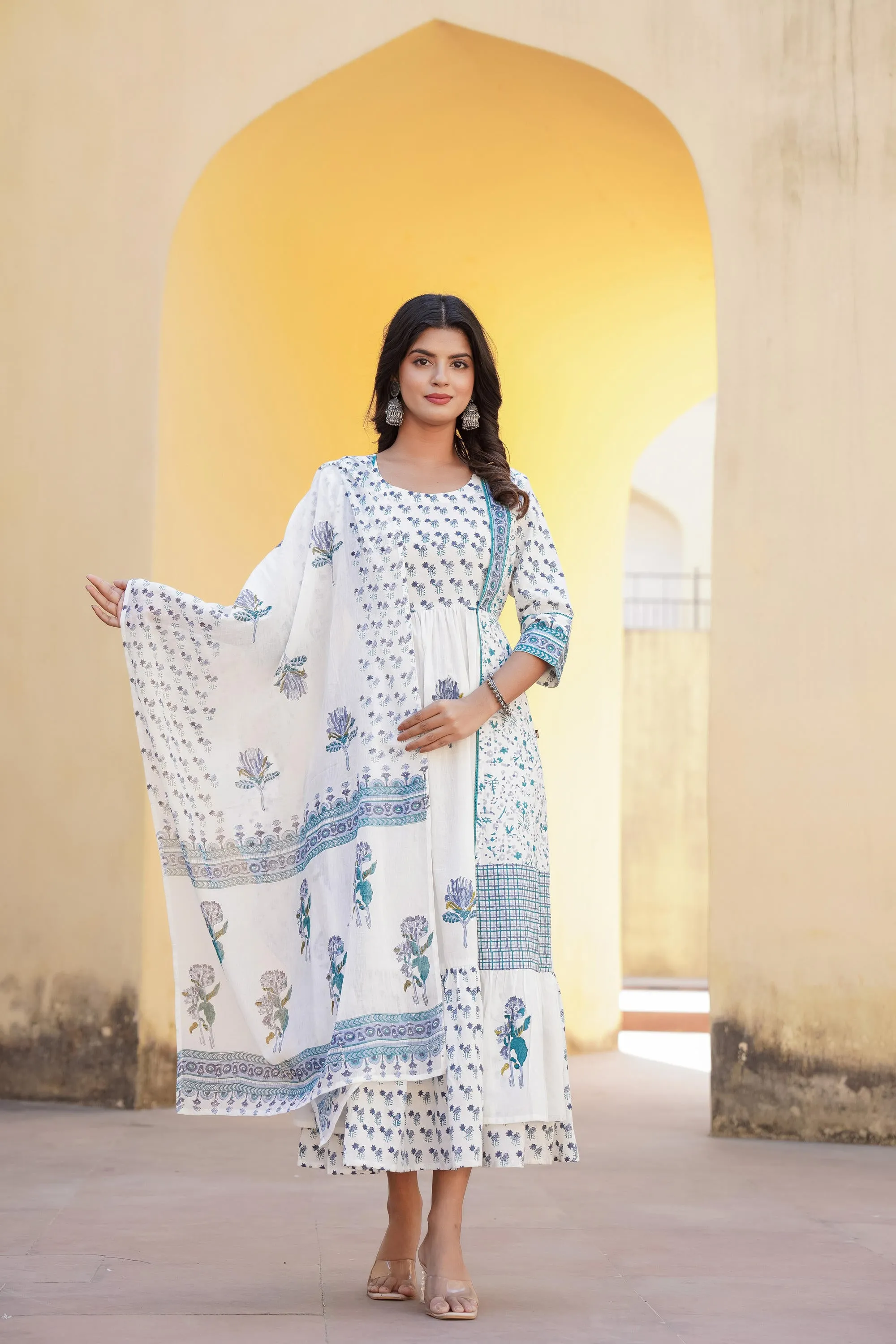 White Floral Printed Cotton Kurta & Dupatta With Lace