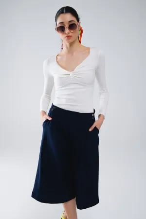 White Long Sleeve Shirt With Knot Detail and V-neck