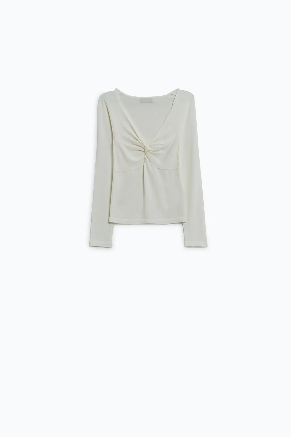White Long Sleeve Shirt With Knot Detail and V-neck