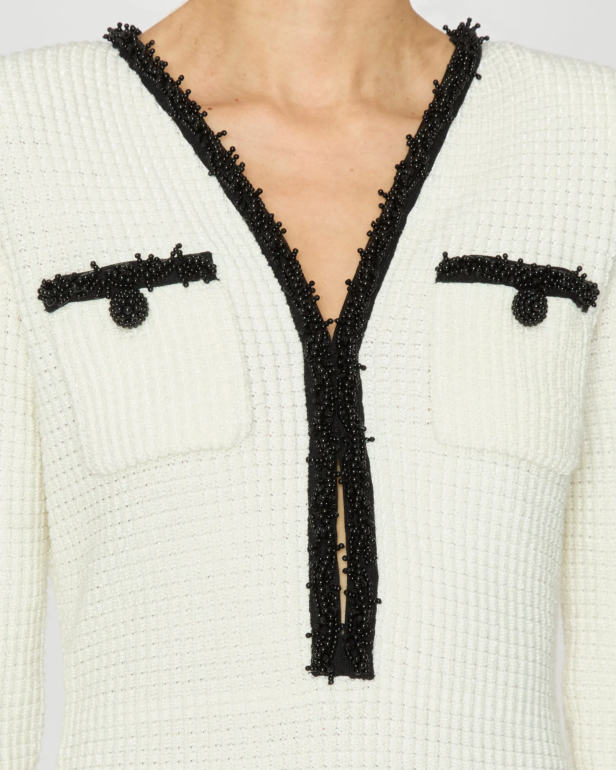 White Pearl Trim Knit Mini Dress