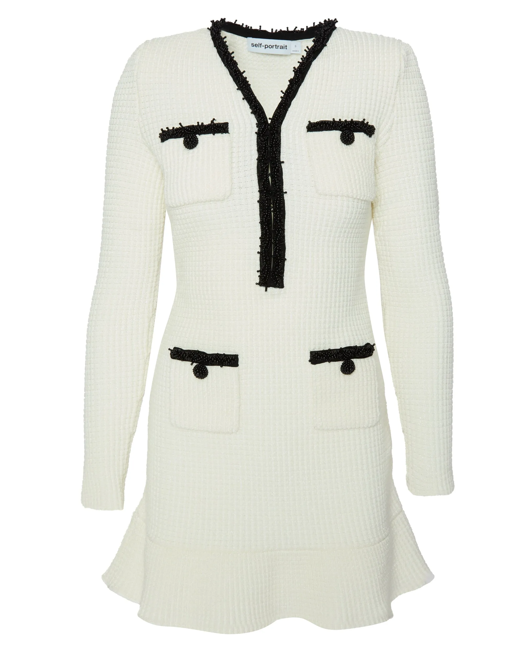 White Pearl Trim Knit Mini Dress