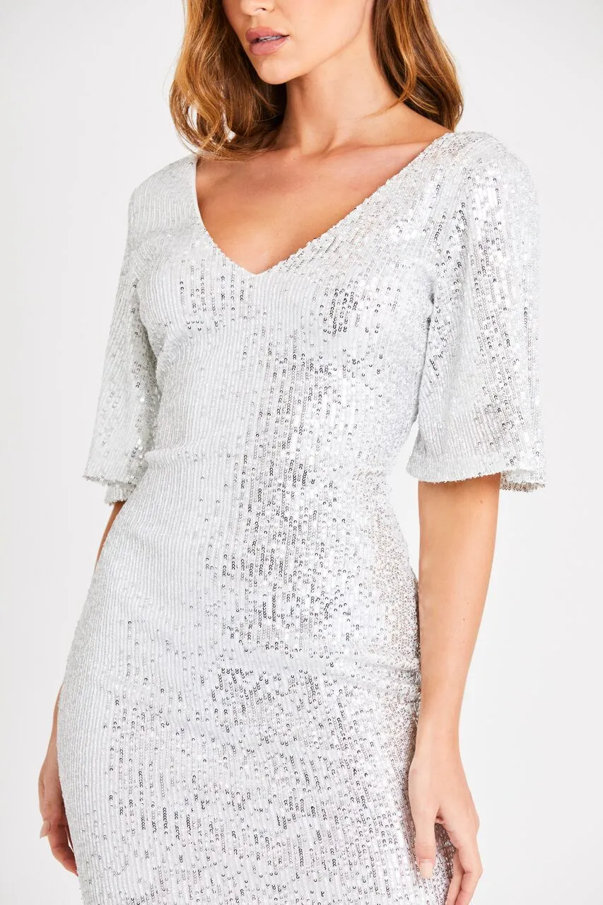White Sequin Mini Dress with Kimono Sleeves