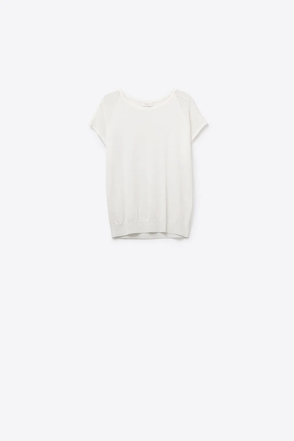 White Short Sleeve Sweater with knitted mesh on the shoulder