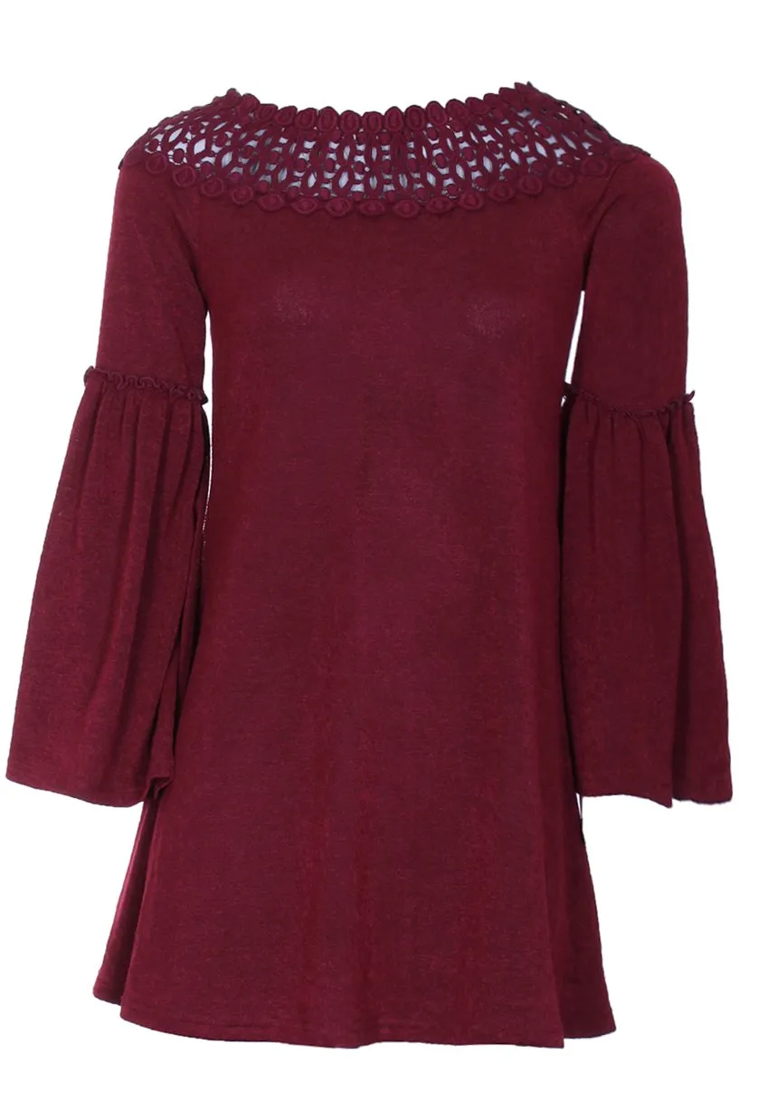 Wine Off The Shoulder Frill Swing Dress