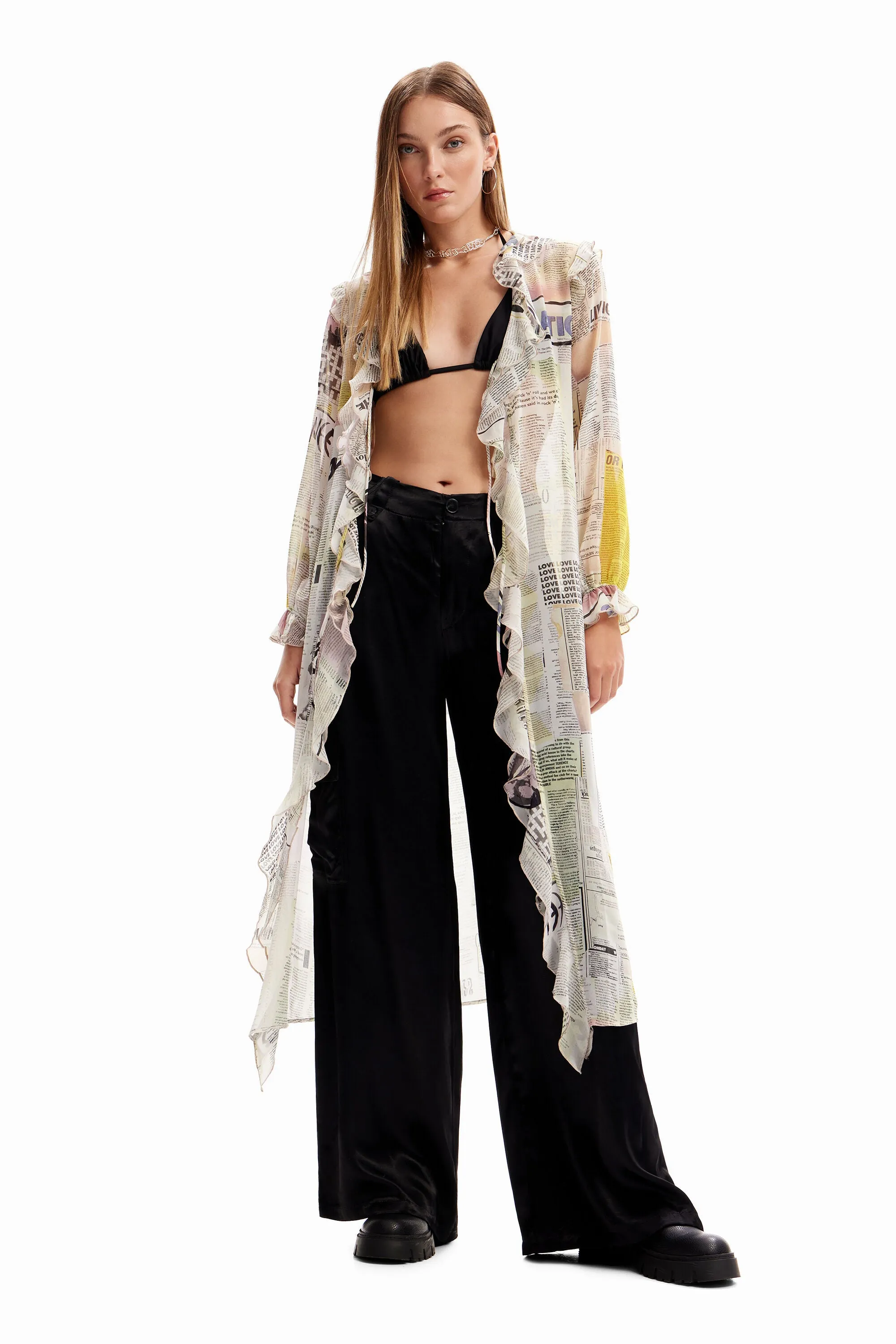 Woman Woven Blouse Long Sleeve - Newspaper Print