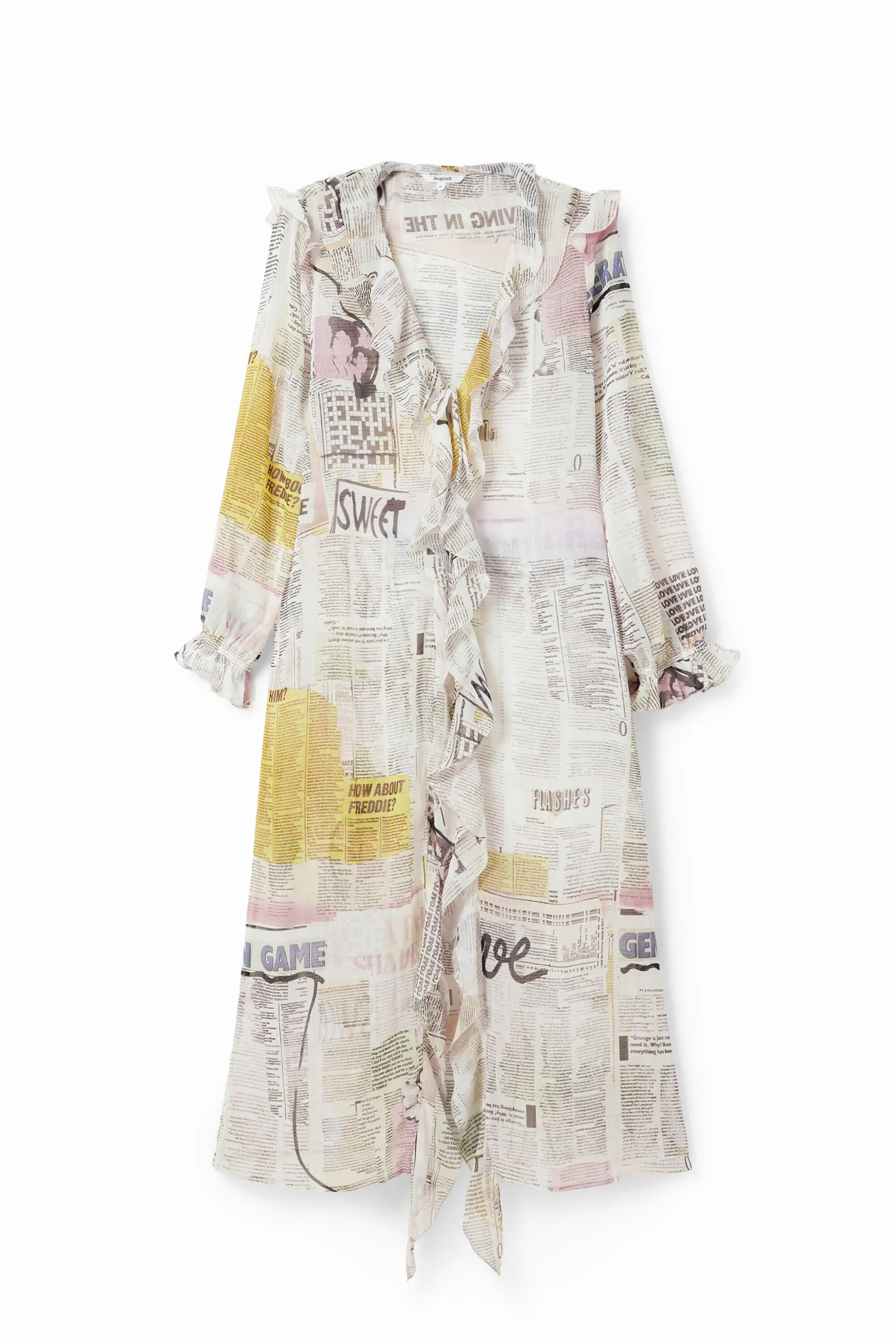 Woman Woven Blouse Long Sleeve - Newspaper Print
