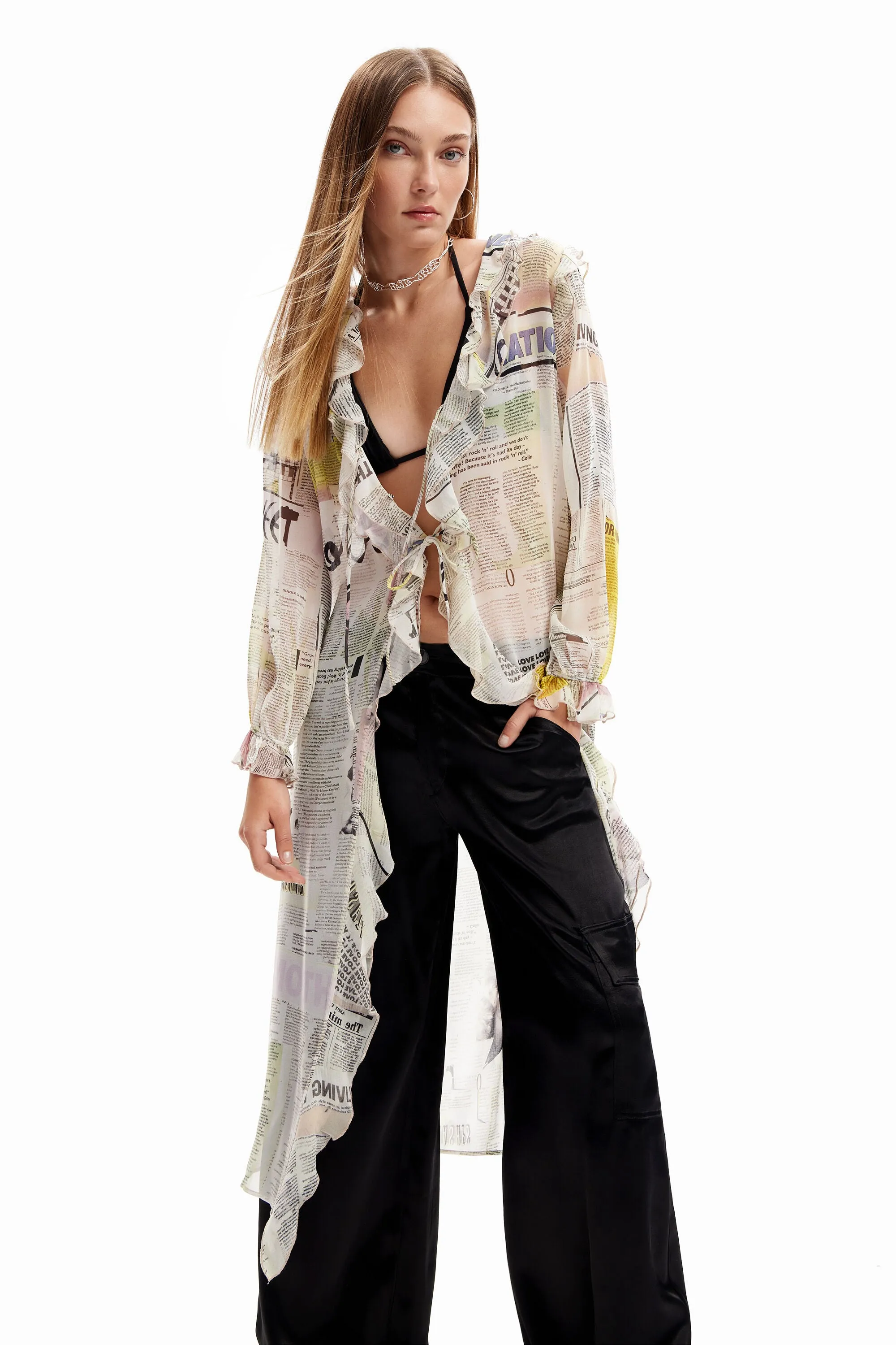 Woman Woven Blouse Long Sleeve - Newspaper Print