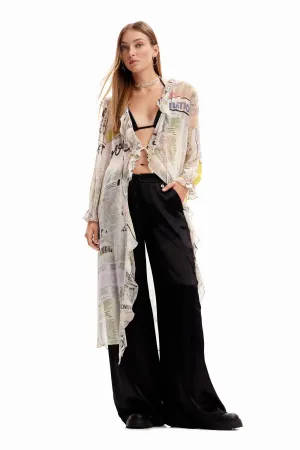 Woman Woven Blouse Long Sleeve - Newspaper Print