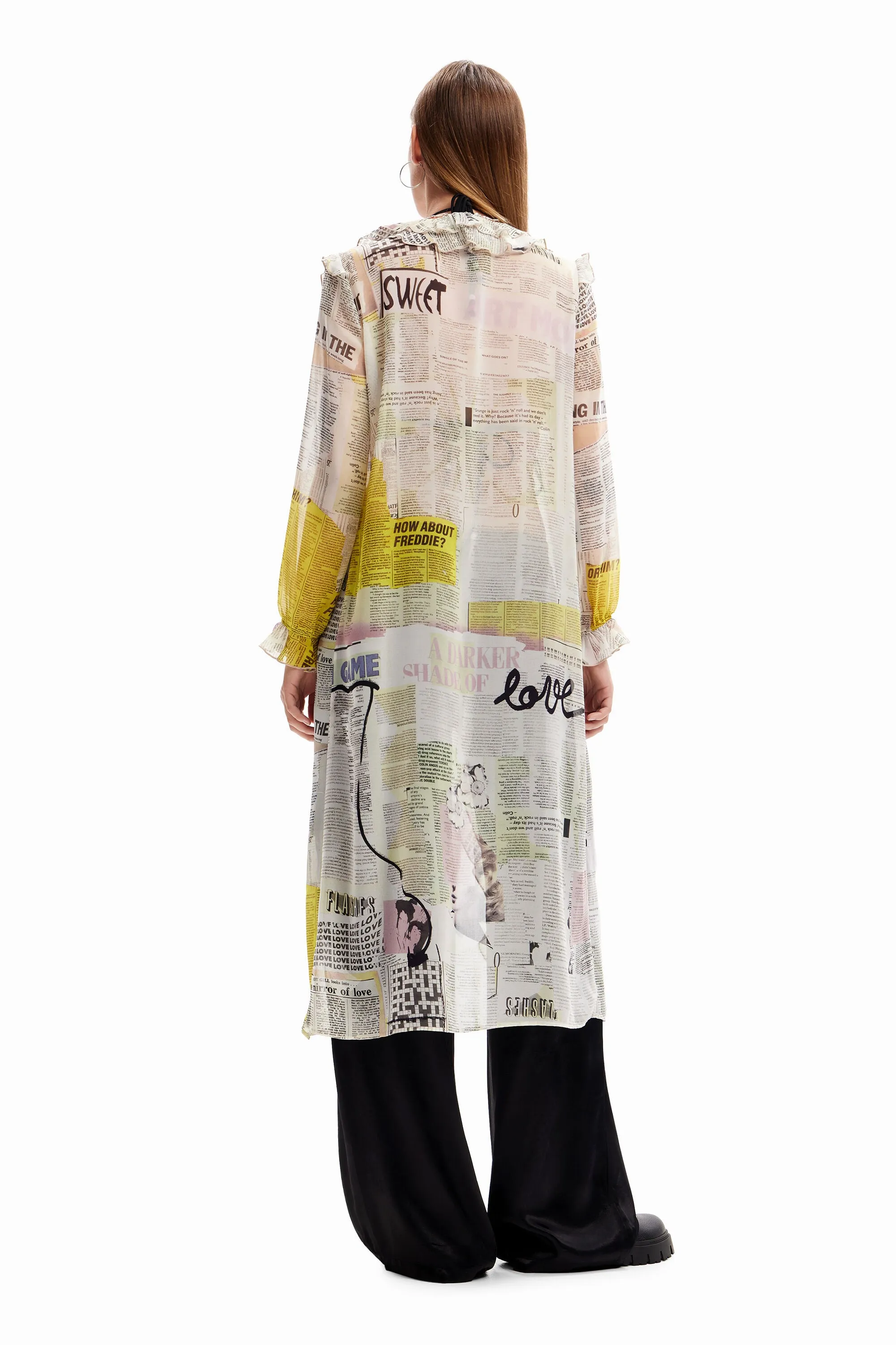 Woman Woven Blouse Long Sleeve - Newspaper Print