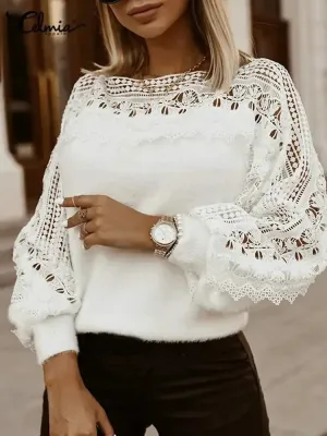 Women Autumn Plush Pullovers Sweaters Elegant Long Lantern Sleeve Shirt Tunic Fashion Lace Hollow Fur Top Streetwear