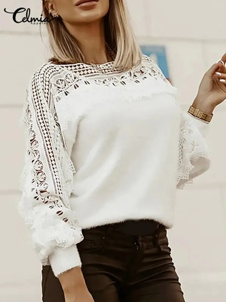Women Autumn Plush Pullovers Sweaters Elegant Long Lantern Sleeve Shirt Tunic Fashion Lace Hollow Fur Top Streetwear