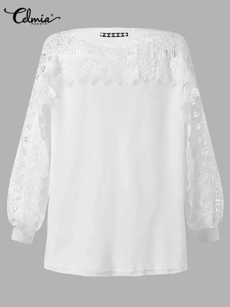 Women Autumn Plush Pullovers Sweaters Elegant Long Lantern Sleeve Shirt Tunic Fashion Lace Hollow Fur Top Streetwear