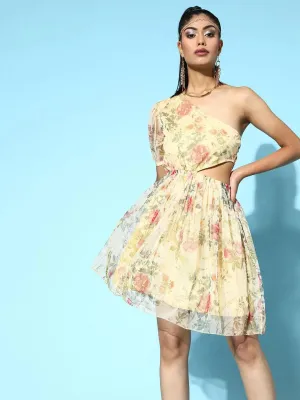 Women Beige Floral Mesh One Shoulder Frill Hem Dress