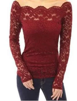 Women Blouses Off Shoulder Lace Crochet Shirts Long Sleeve Casual Tops Blouse Plus Size HM2526