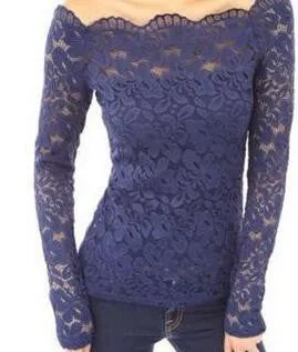 Women Blouses Off Shoulder Lace Crochet Shirts Long Sleeve Casual Tops Blouse Plus Size HM2526