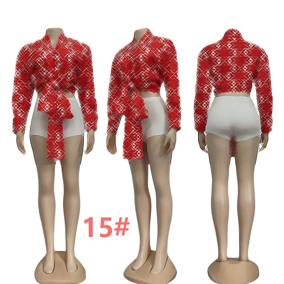 Women Blouses Shirts Designer Print Crop Tops Casual Long Sleeve Criss-Cross Shirt Free Ship