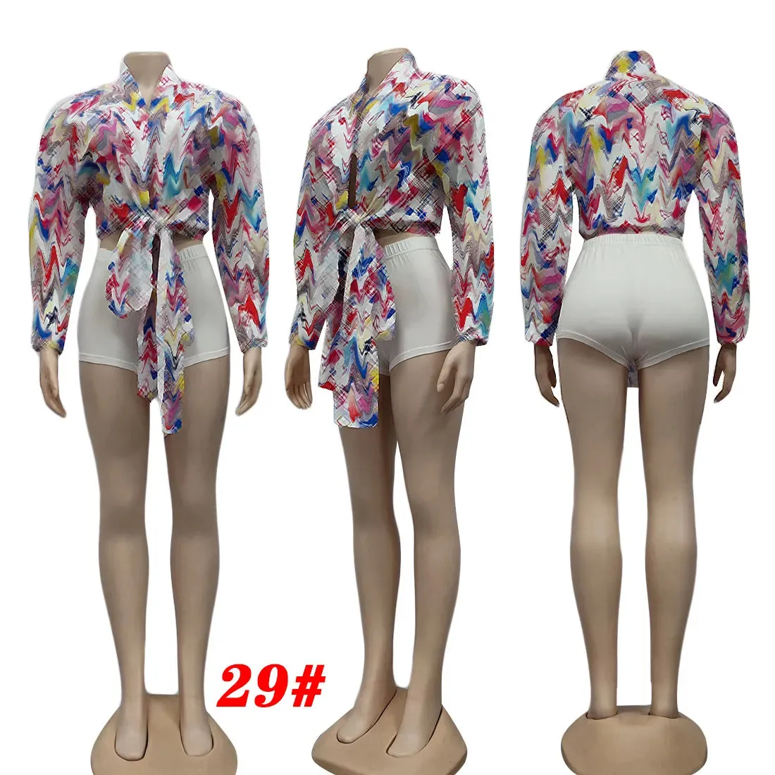 Women Blouses Shirts Designer Print Crop Tops Casual Long Sleeve Criss-Cross Shirt Free Ship