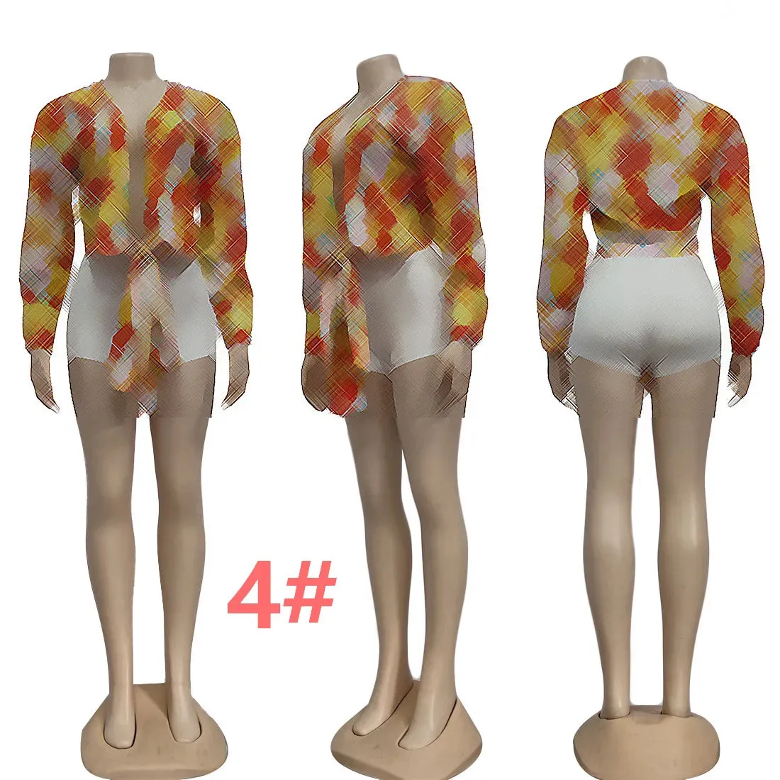 Women Blouses Shirts Designer Print Crop Tops Casual Long Sleeve Criss-Cross Shirt Free Ship