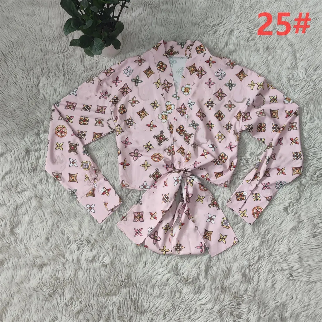 Women Blouses Shirts Designer Print Crop Tops Casual Long Sleeve Criss-Cross Shirt Free Ship