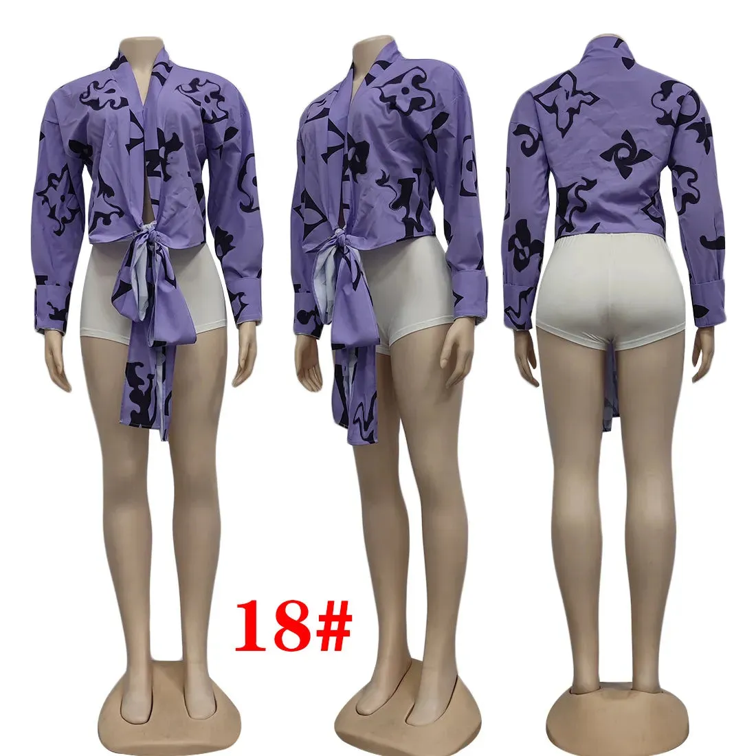 Women Blouses Shirts Designer Print Crop Tops Casual Long Sleeve Criss-Cross Shirt Free Ship