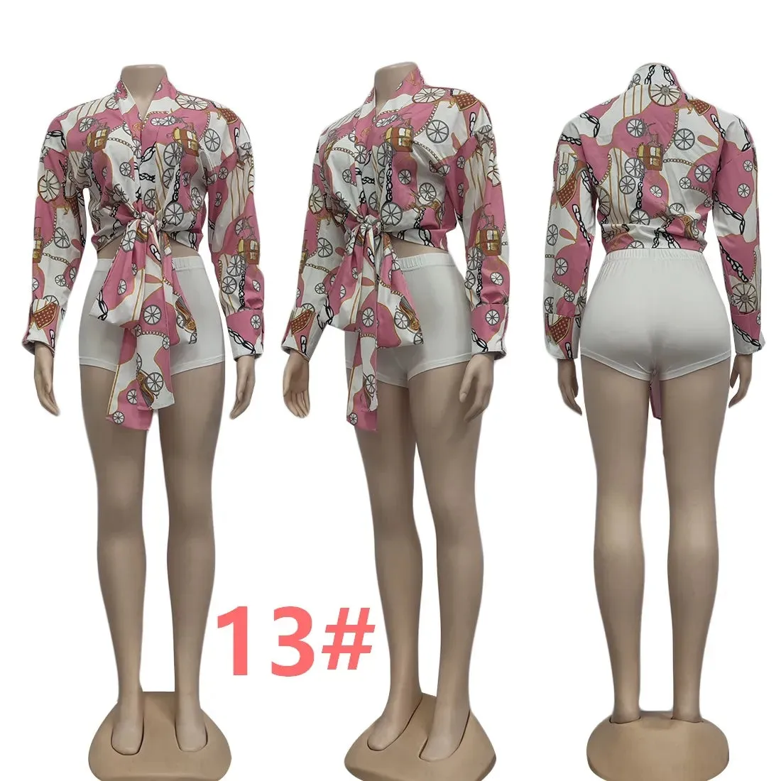 Women Blouses Shirts Designer Print Crop Tops Casual Long Sleeve Criss-Cross Shirt Free Ship