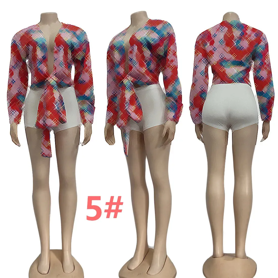Women Blouses Shirts Designer Print Crop Tops Casual Long Sleeve Criss-Cross Shirt Free Ship