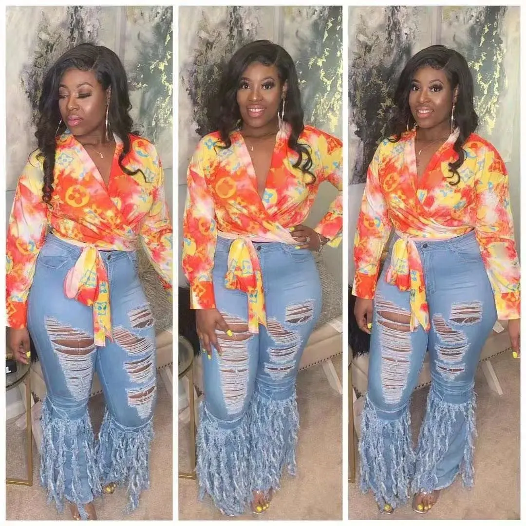 Women Blouses Shirts Designer Print Crop Tops Casual Long Sleeve Criss-Cross Shirt Free Ship