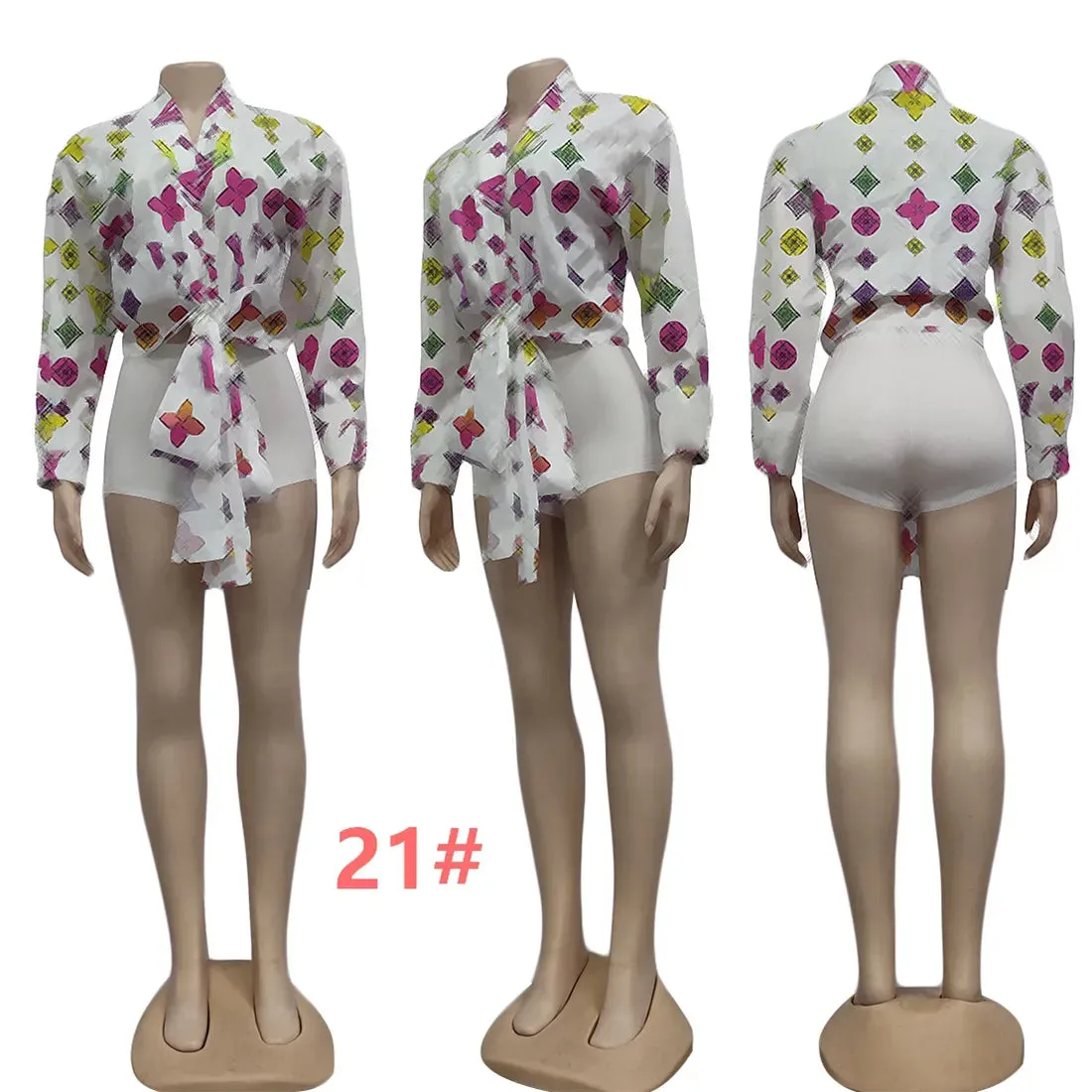 Women Blouses Shirts Designer Print Crop Tops Casual Long Sleeve Criss-Cross Shirt Free Ship