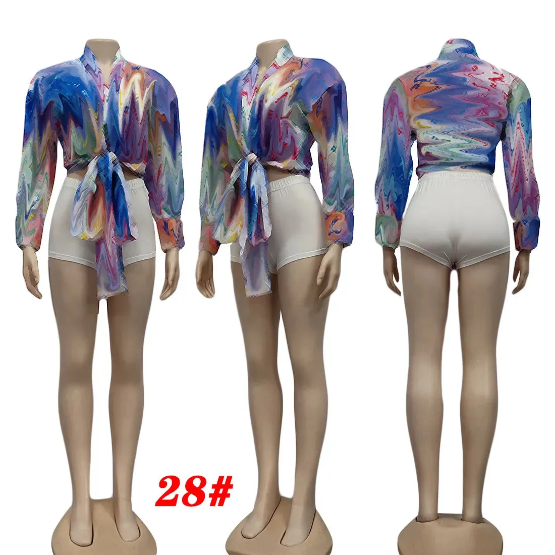 Women Blouses Shirts Designer Print Crop Tops Casual Long Sleeve Criss-Cross Shirt Free Ship