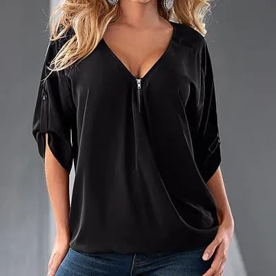 Women Blouses V Neck Zipper Loose Plus Size 5XL Women Clothing Casual Half Sleeve Splice Women Tops Shirts