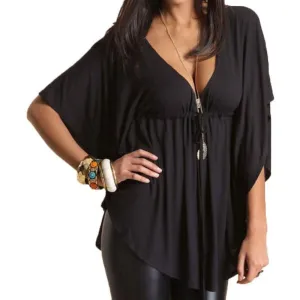 Women Casual Loose V-Neck Batwing Sleeve Tee Tops Ladies Solid Blouses Shirt Plus Size