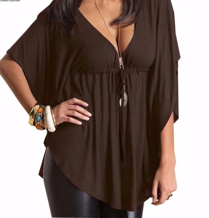 Women Casual Loose V-Neck Batwing Sleeve Tee Tops Ladies Solid Blouses Shirt Plus Size