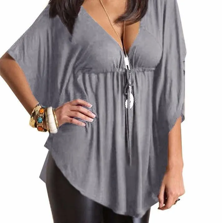 Women Casual Loose V-Neck Batwing Sleeve Tee Tops Ladies Solid Blouses Shirt Plus Size