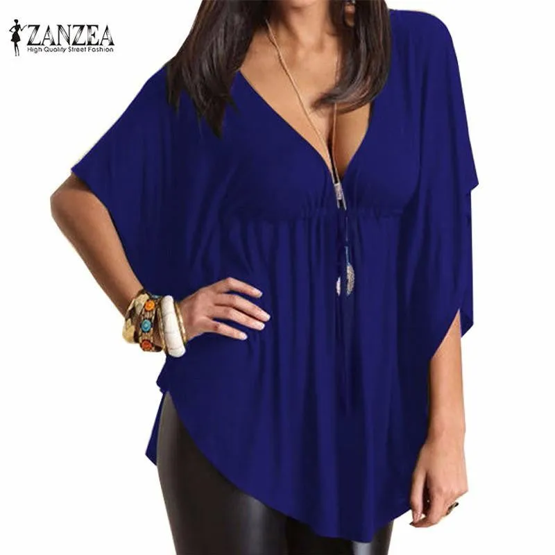 Women Casual Loose V-Neck Batwing Sleeve Tee Tops Ladies Solid Blouses Shirt Plus Size