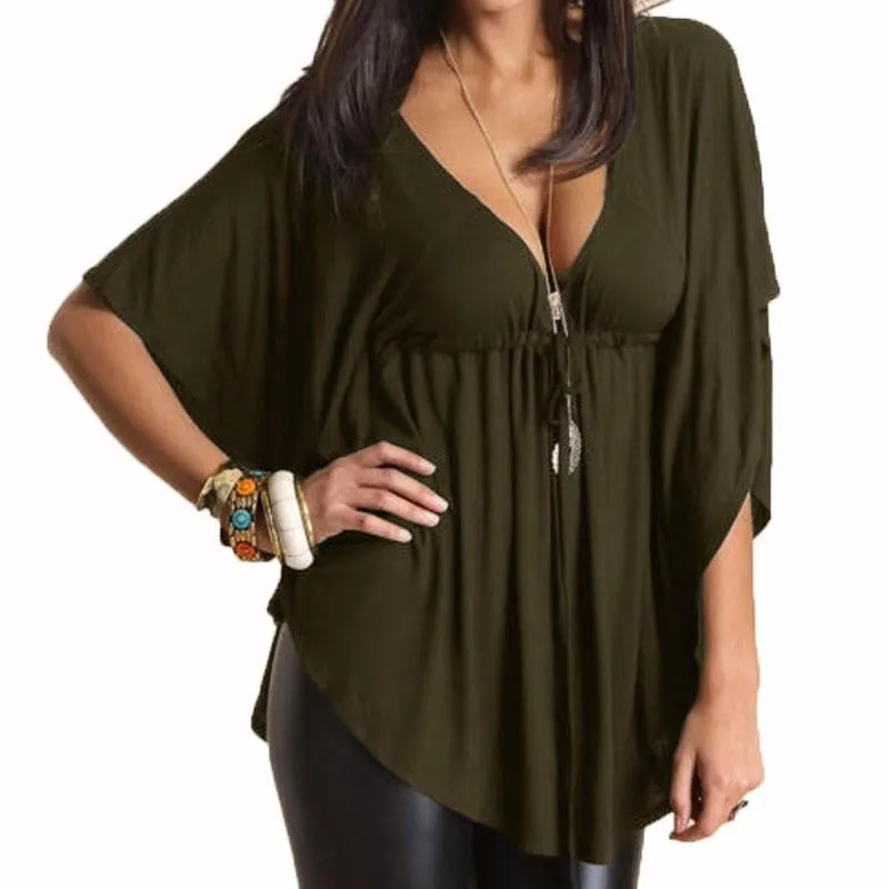 Women Casual Loose V-Neck Batwing Sleeve Tee Tops Ladies Solid Blouses Shirt Plus Size