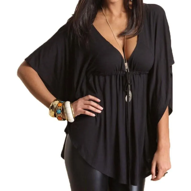 Women Casual Loose V-Neck Batwing Sleeve Tee Tops Ladies Solid Blouses Shirt Plus Size