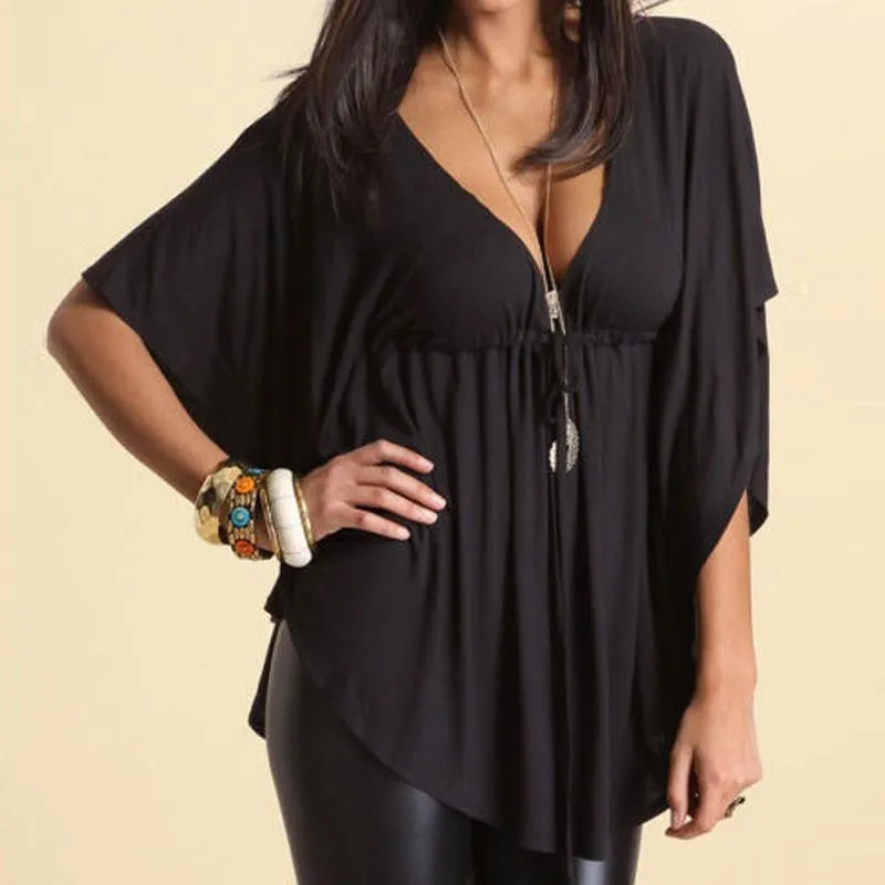 Women Casual Loose V-Neck Batwing Sleeve Tee Tops Ladies Solid Blouses Shirt Plus Size