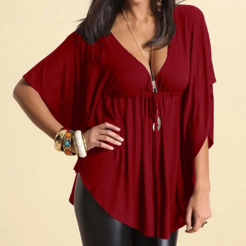Women Casual Loose V-Neck Batwing Sleeve Tee Tops Ladies Solid Blouses Shirt Plus Size