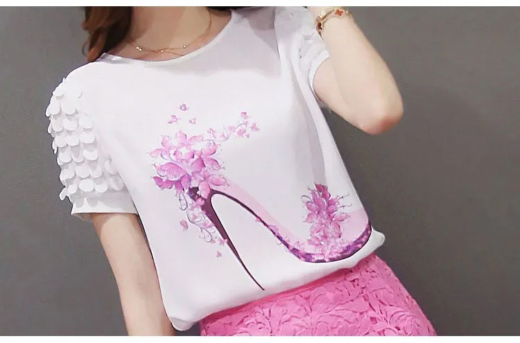 Women Fashion print Short Sleeve Diamonds Blouses Shirts Casual Chiffon Flower 89J 30