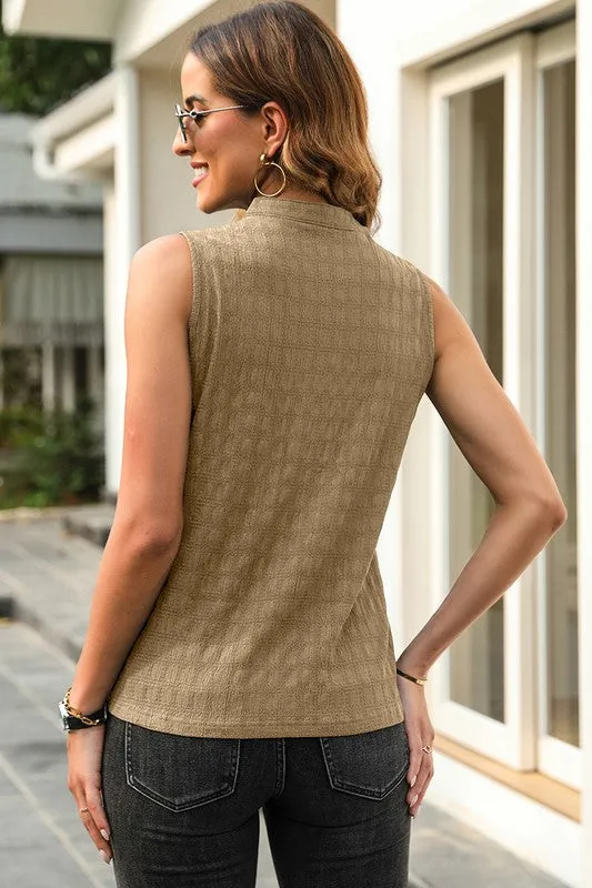 Women Lattice Textured Split Neck Tank Top