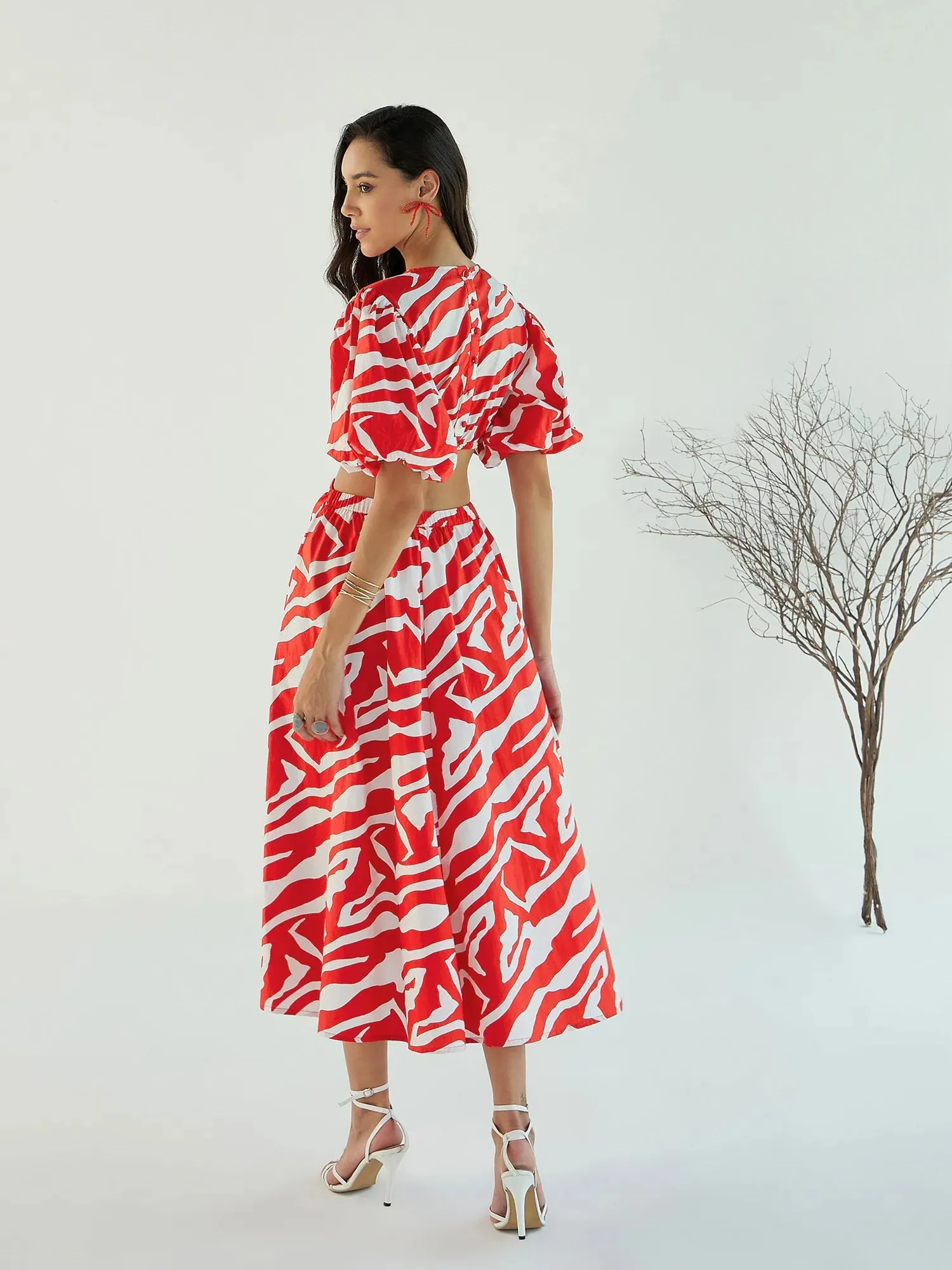 Women Red & White Printed Side Cut Out Midi Dress-SFDRSS12438