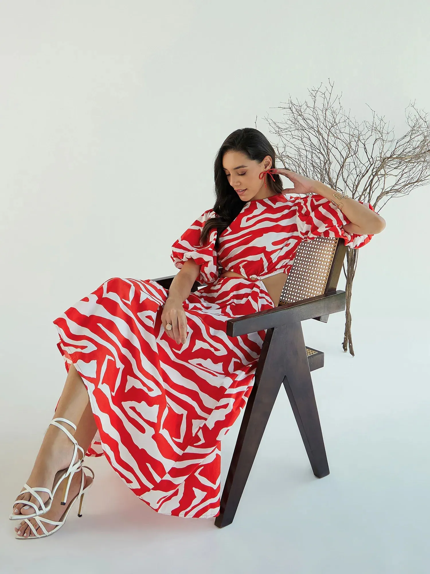 Women Red & White Printed Side Cut Out Midi Dress-SFDRSS12438
