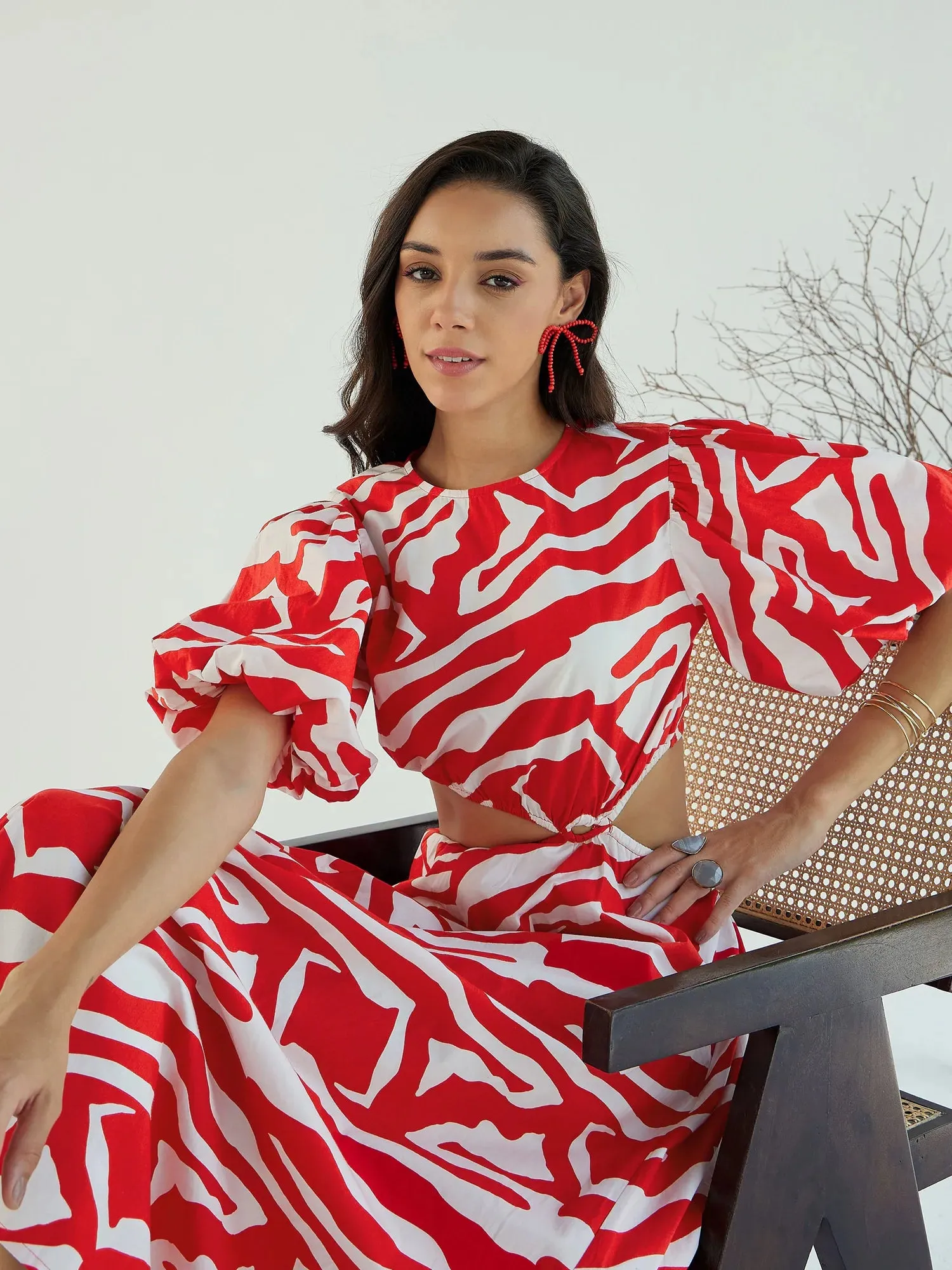 Women Red & White Printed Side Cut Out Midi Dress-SFDRSS12438